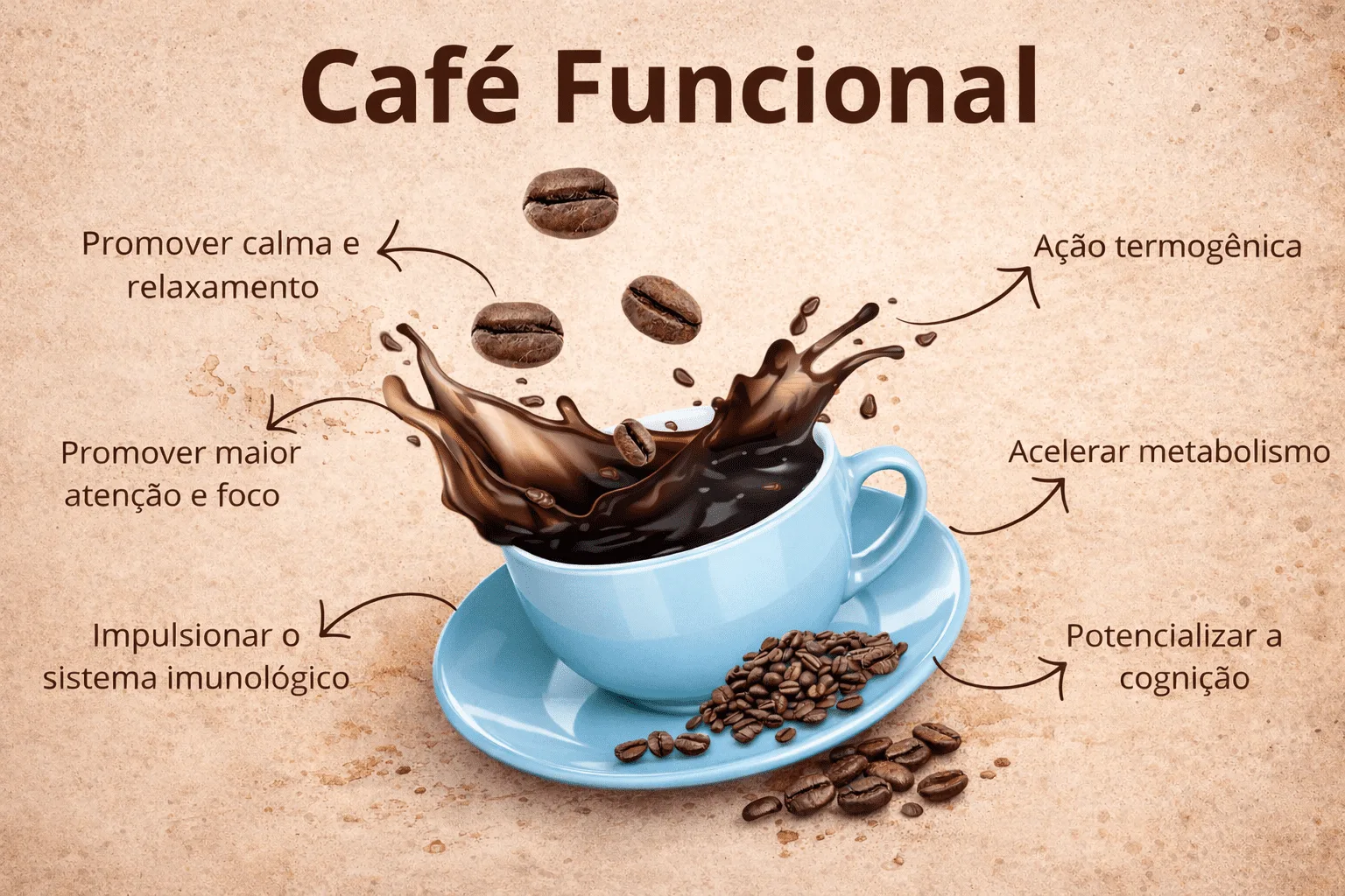 Infográfico sobre café funcional e seus possíveis benefícios