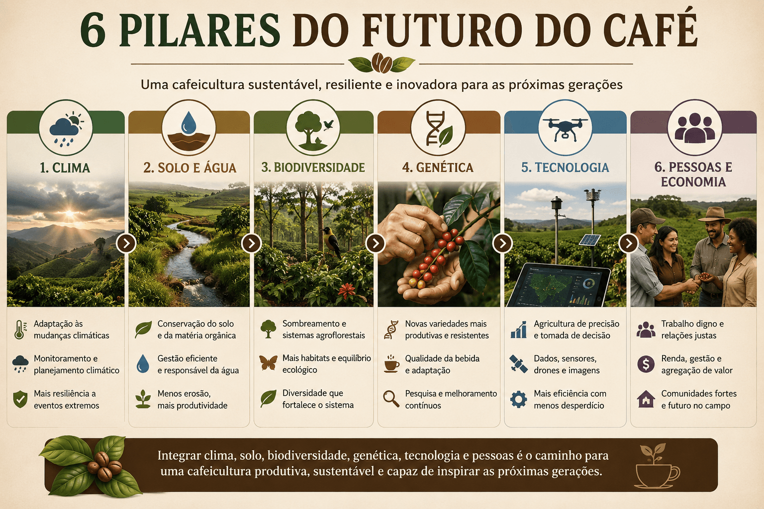 Infográfico dos 6 pilares do futuro do café sustentável