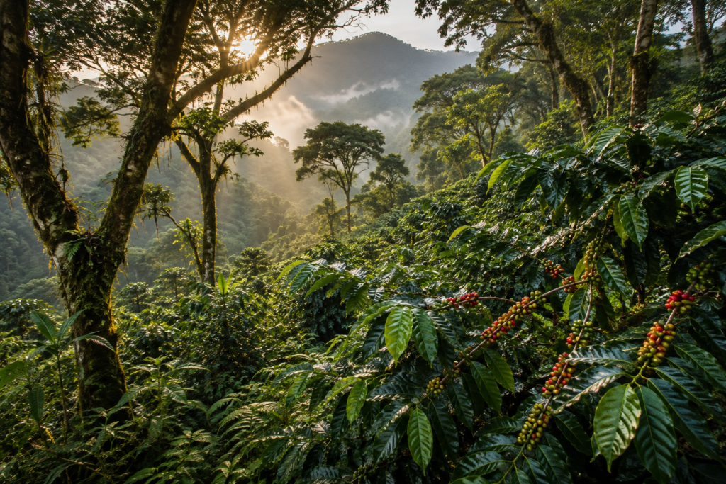 Florestas da Etiópia, reconhecidas como o berço natural da espécie Coffea arabica.