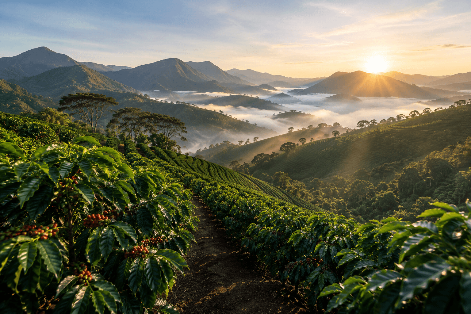 Cafezal em região montanhosa produtora de café em Minas Gerais