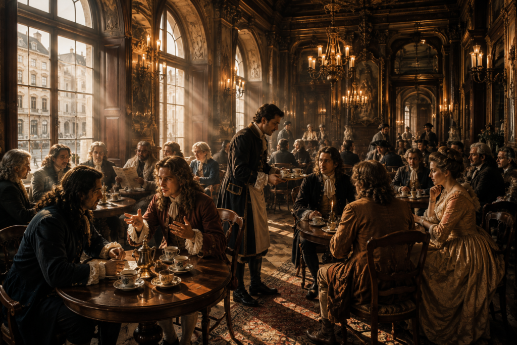 Cafeteria europeia do século XVII, onde o café passou a reunir intelectuais, comerciantes e membros da sociedade.