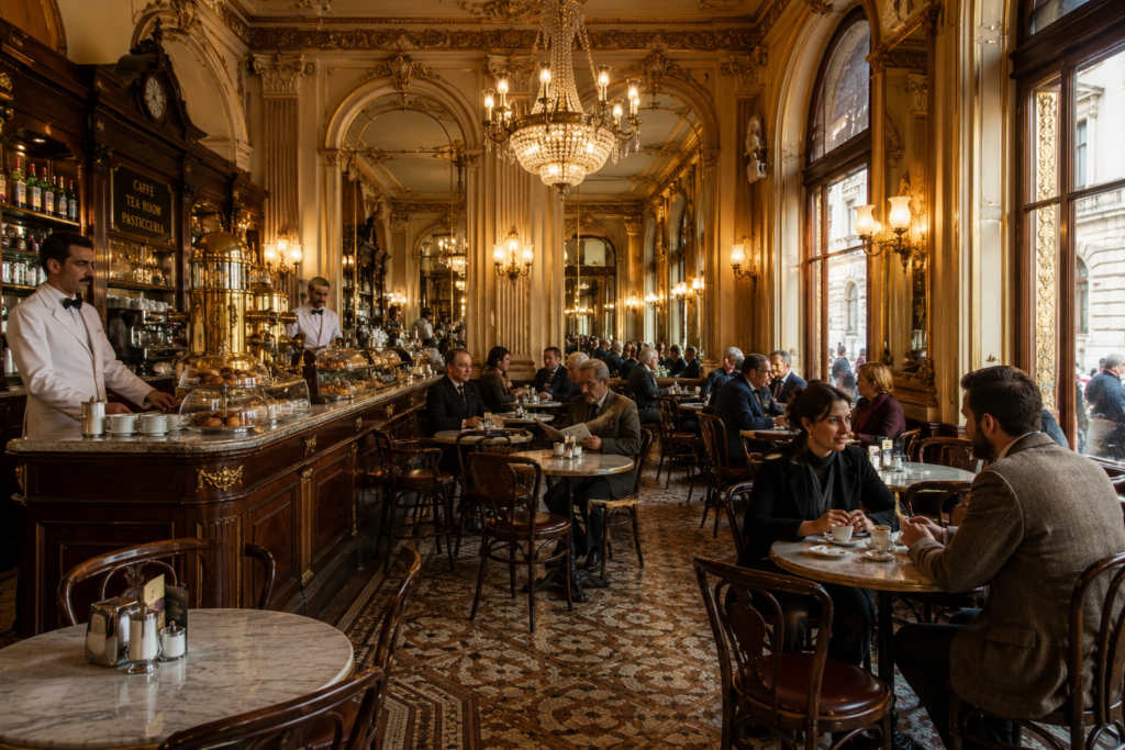 Interior de cafeteria histórica europeia durante a expansão do café na Europa