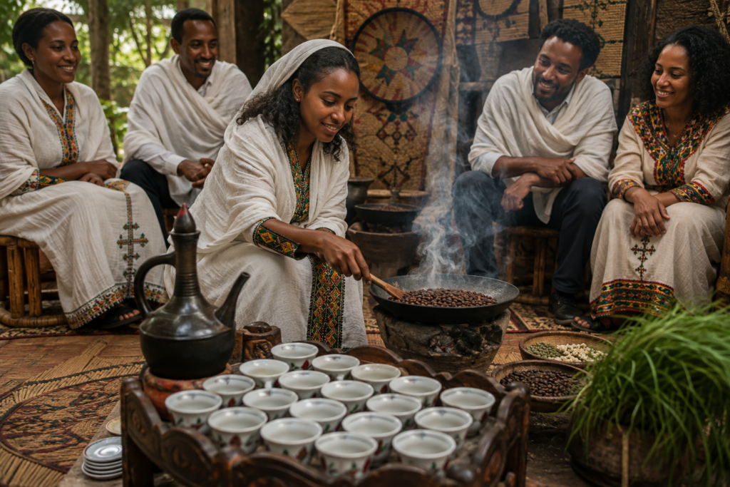 Cerimônia tradicional do café na Etiópia, origem histórica do café