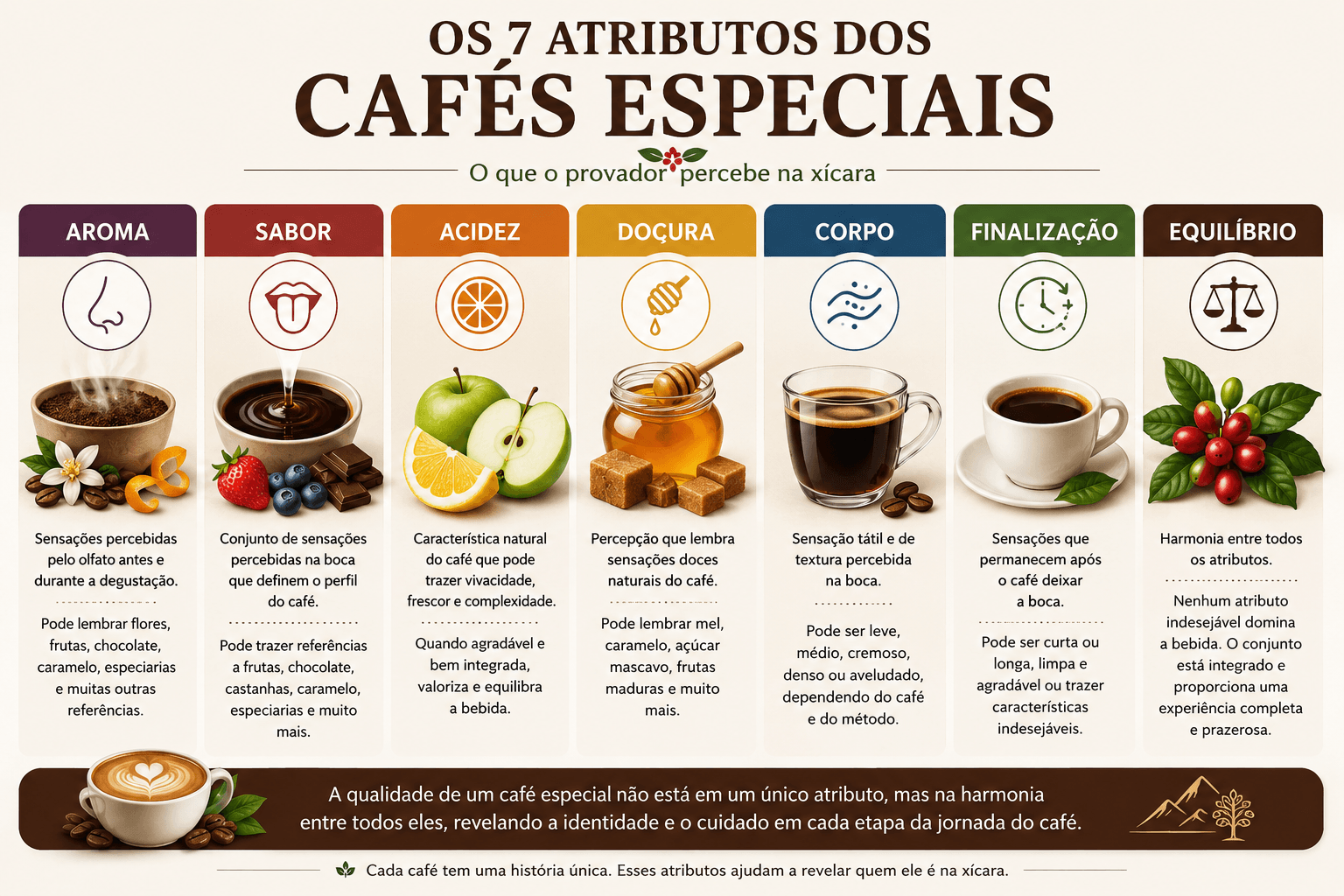 Sete atributos dos cafés especiais: aroma, sabor, acidez, doçura, corpo, finalização e equilíbrio