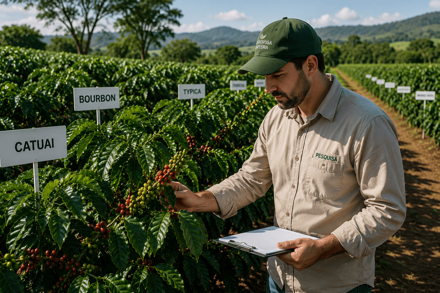 Pesquisador analisando diferentes variedades e cultivares de café