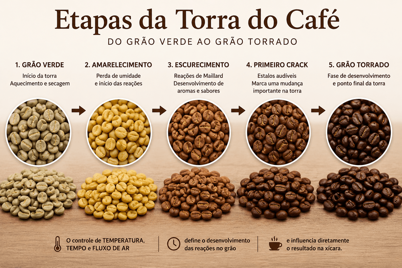 Etapas da torra do café do grão verde ao grão torrado