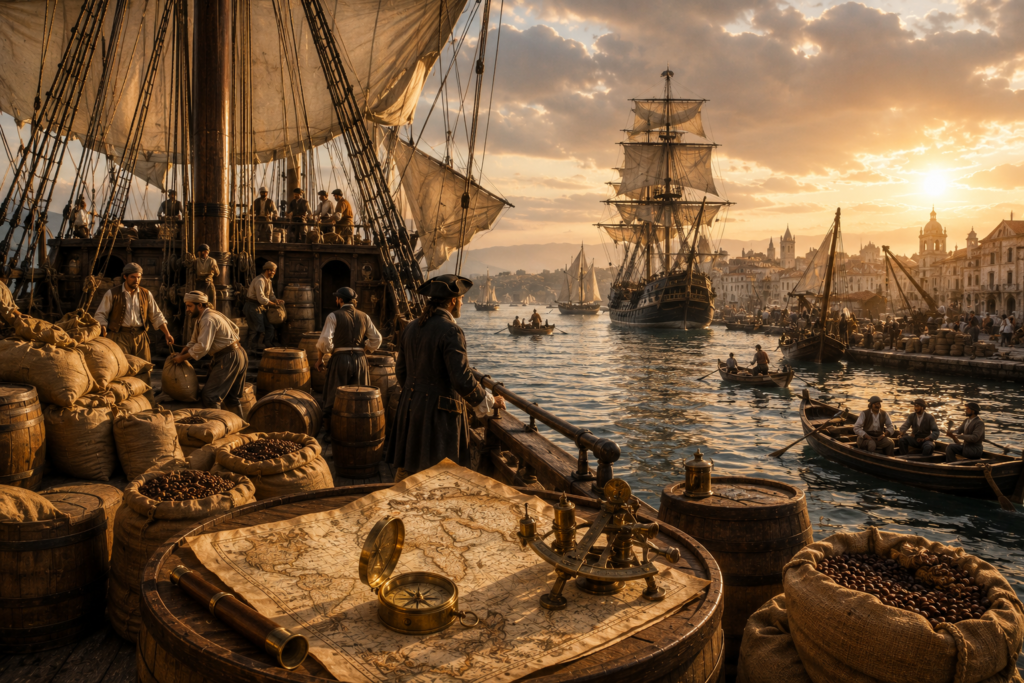Navio mercante transportando café pelas grandes rotas comerciais marítimas dos séculos XVII e XVIII.