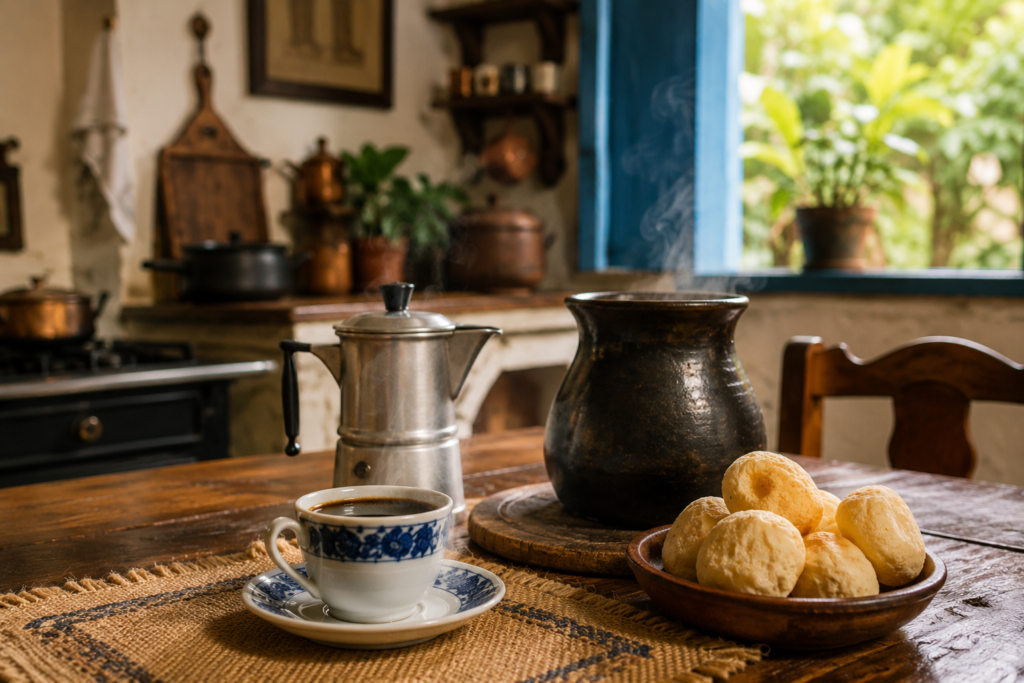 Cafezinho brasileiro servido em cozinha tradicional como símbolo de hospitalidade