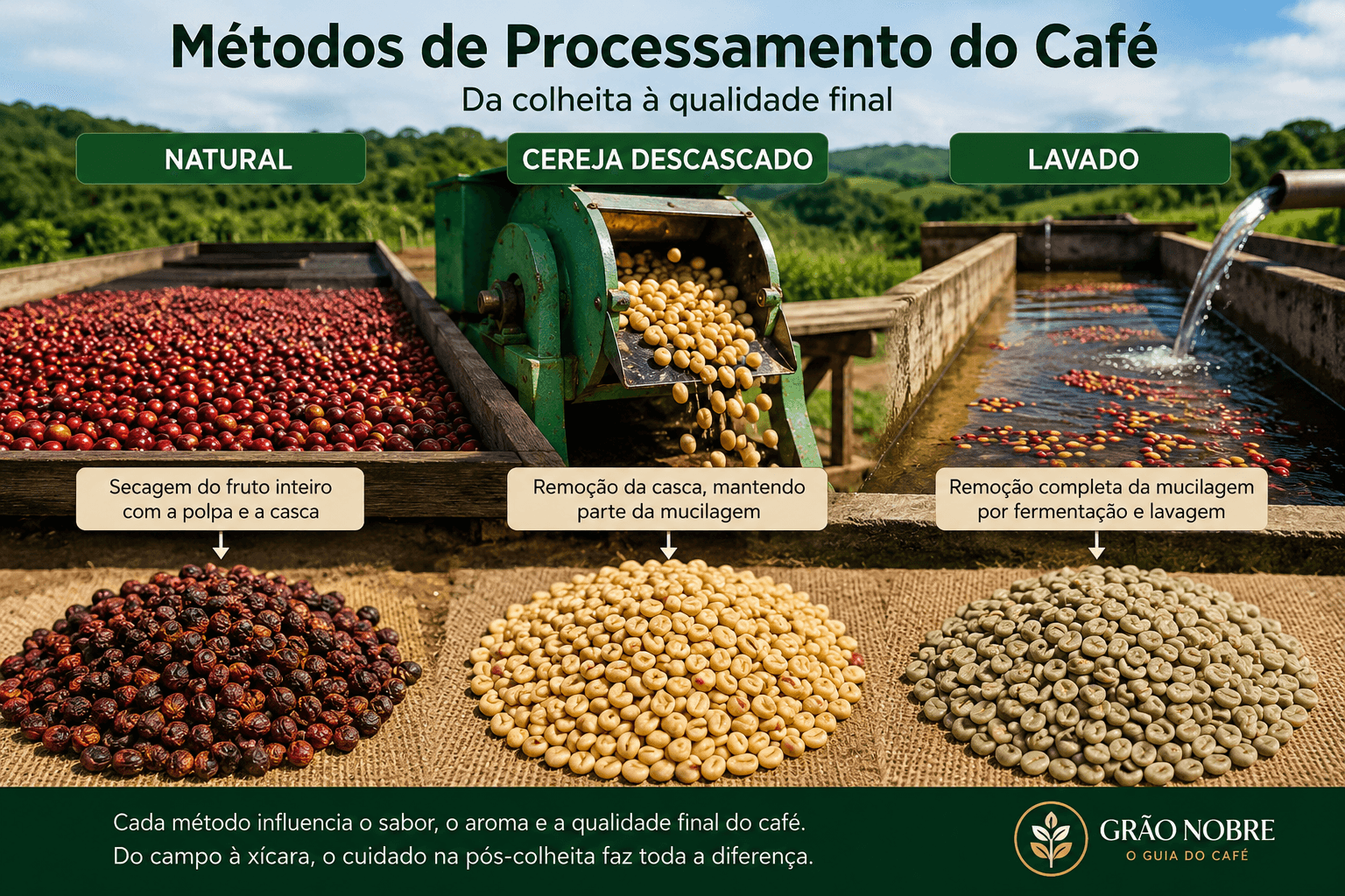 Principais métodos de processamento e pós-colheita do café: natural, cereja descascado e lavado