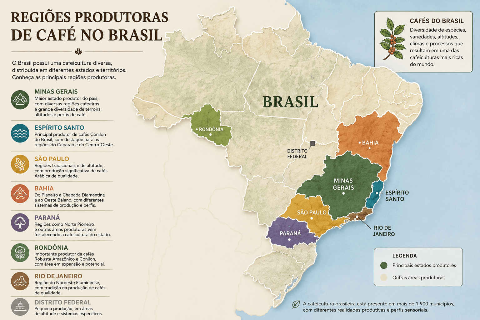 Mapa das principais regiões produtoras de café no Brasil