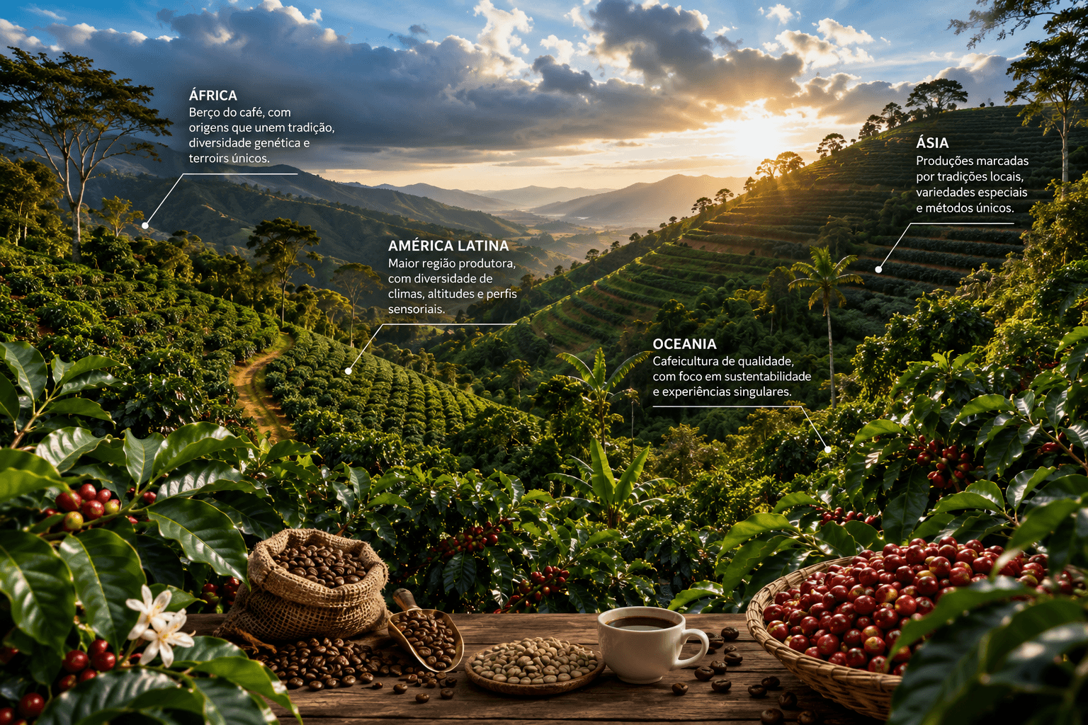 Regiões produtoras de café na África, América Latina, Ásia e Oceania