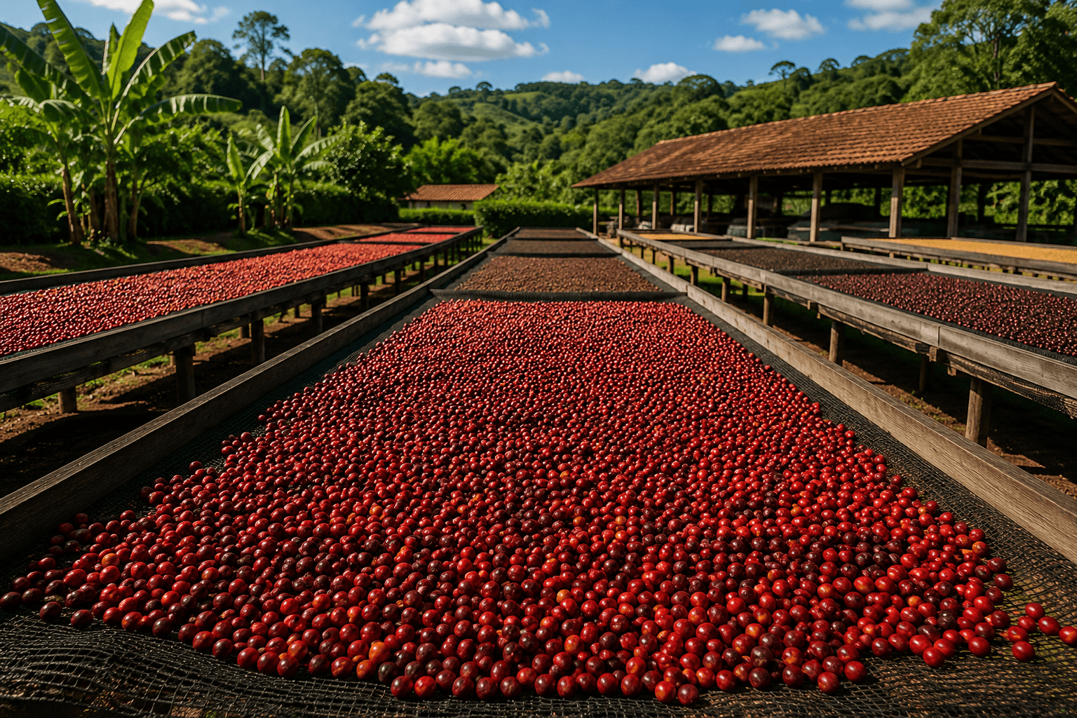 Secagem de café em terreiros suspensos durante a pós-colheita