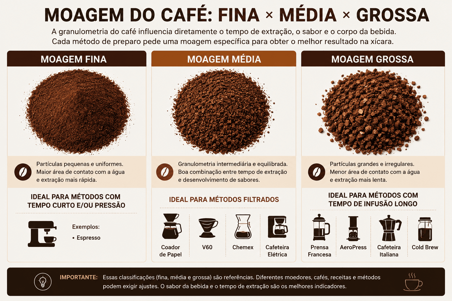 Tipos de moagem do café fina, média e grossa
