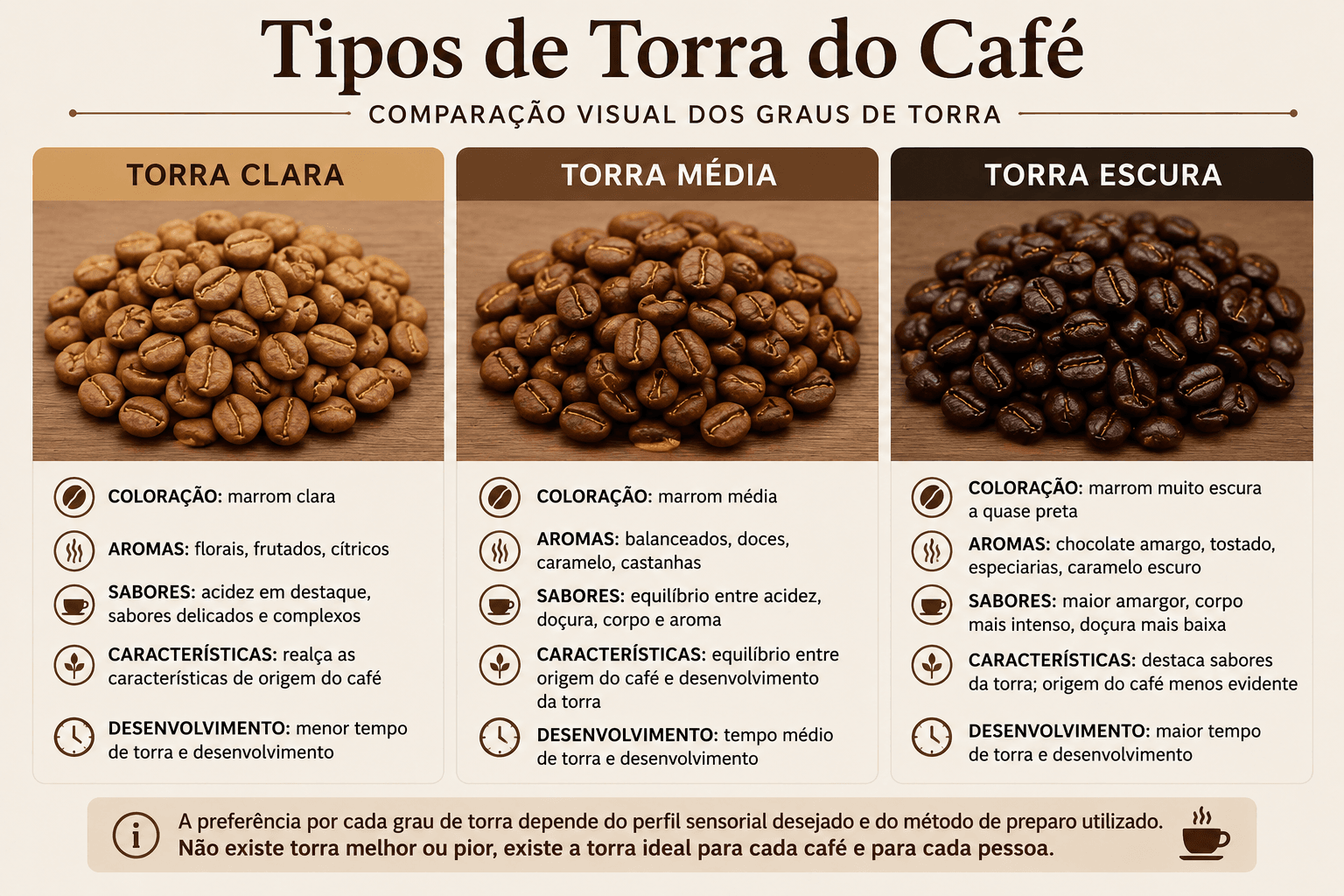 Tipos de torra do café torra clara, média e escura