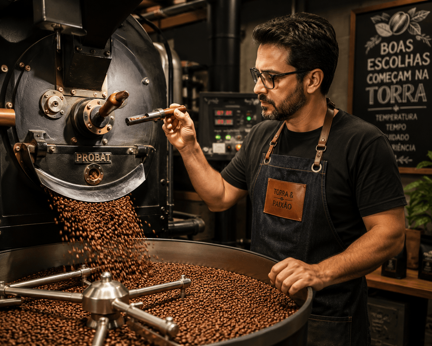 Torra do café em torrador profissional com controle do processo