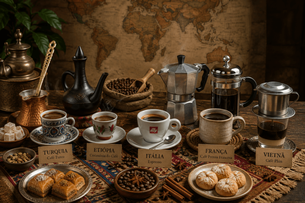 Tradições do café pelo mundo com diferentes métodos de preparo e utensílios