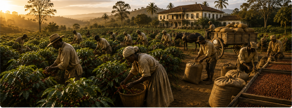 Fazenda de café no Brasil durante o século XIX, com colheita e secagem dos grãos