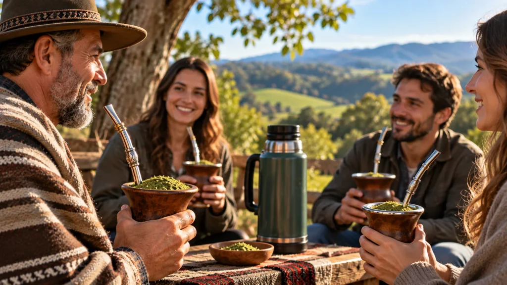 Consumo tradicional de chimarrão em roda de amigos