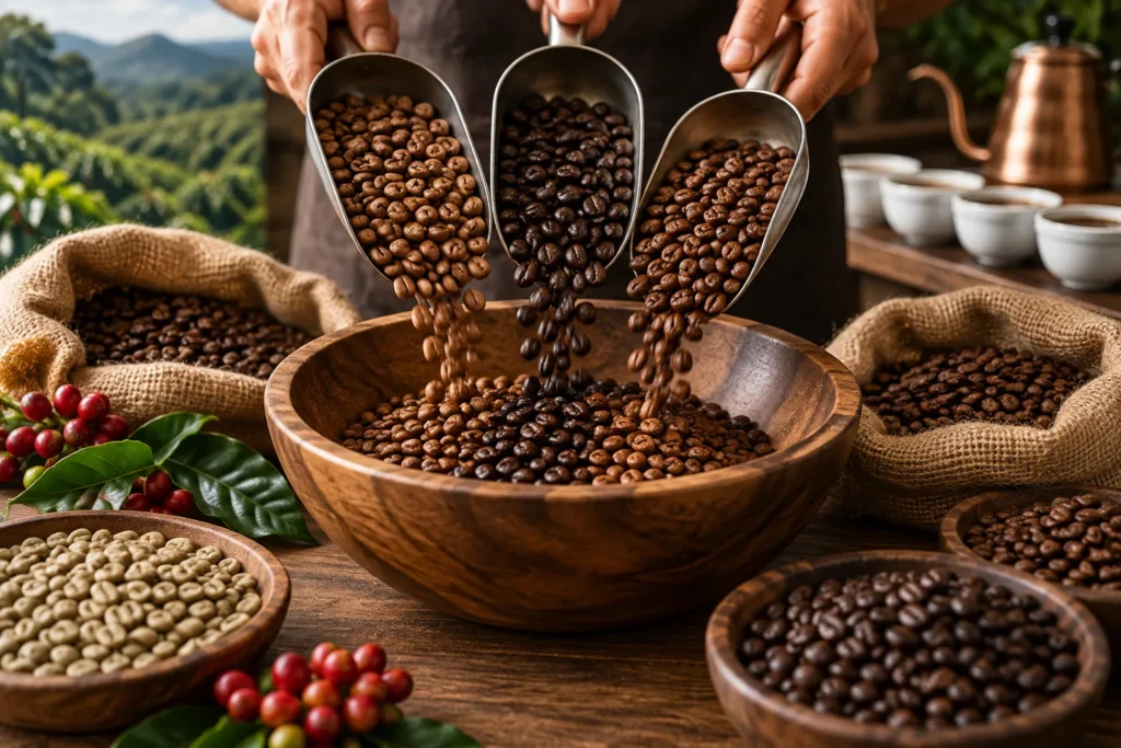 Diferentes grãos sendo combinados para criar um blend de café