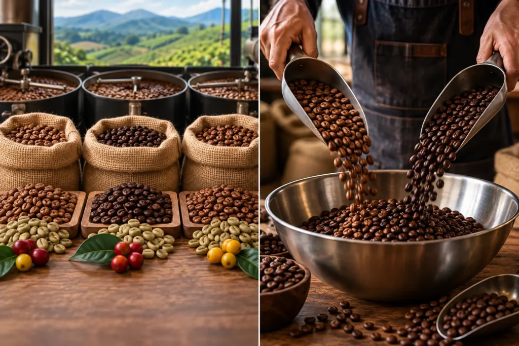 Pré-blend e pós-blend mostrando diferentes cafés antes e depois da combinação