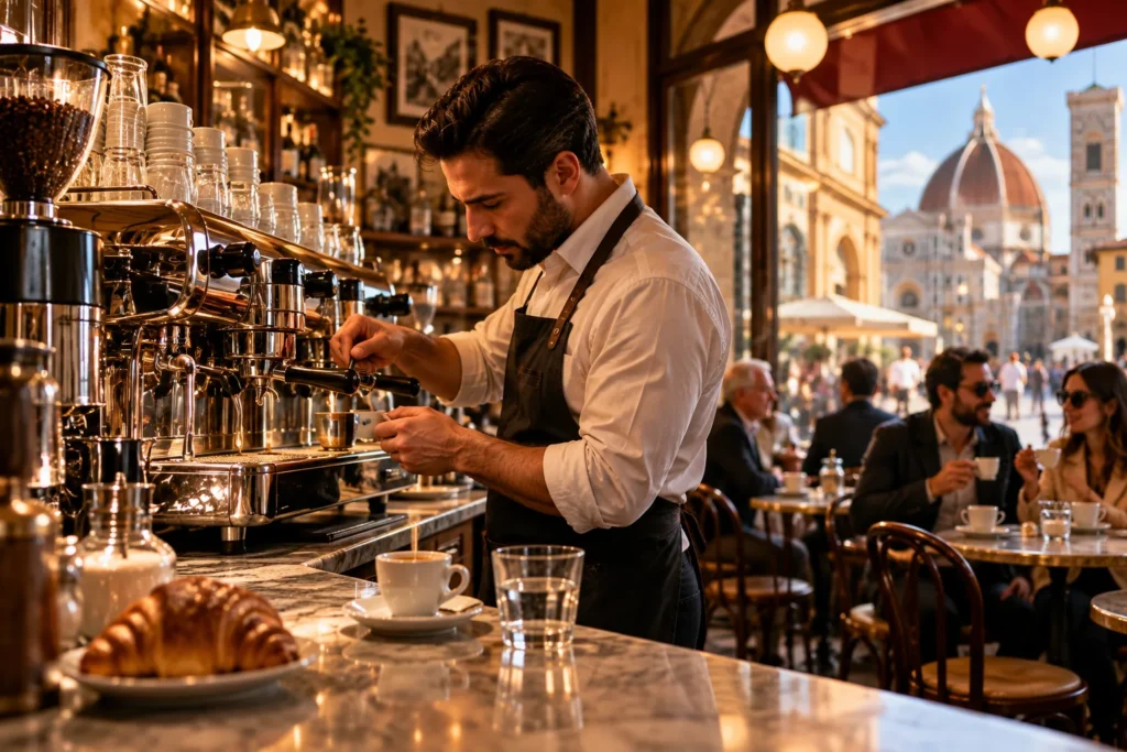 Barista preparando espresso em cafeteria italiana tradicional