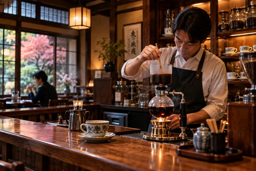 Preparo de café em uma tradicional kissaten japonesa