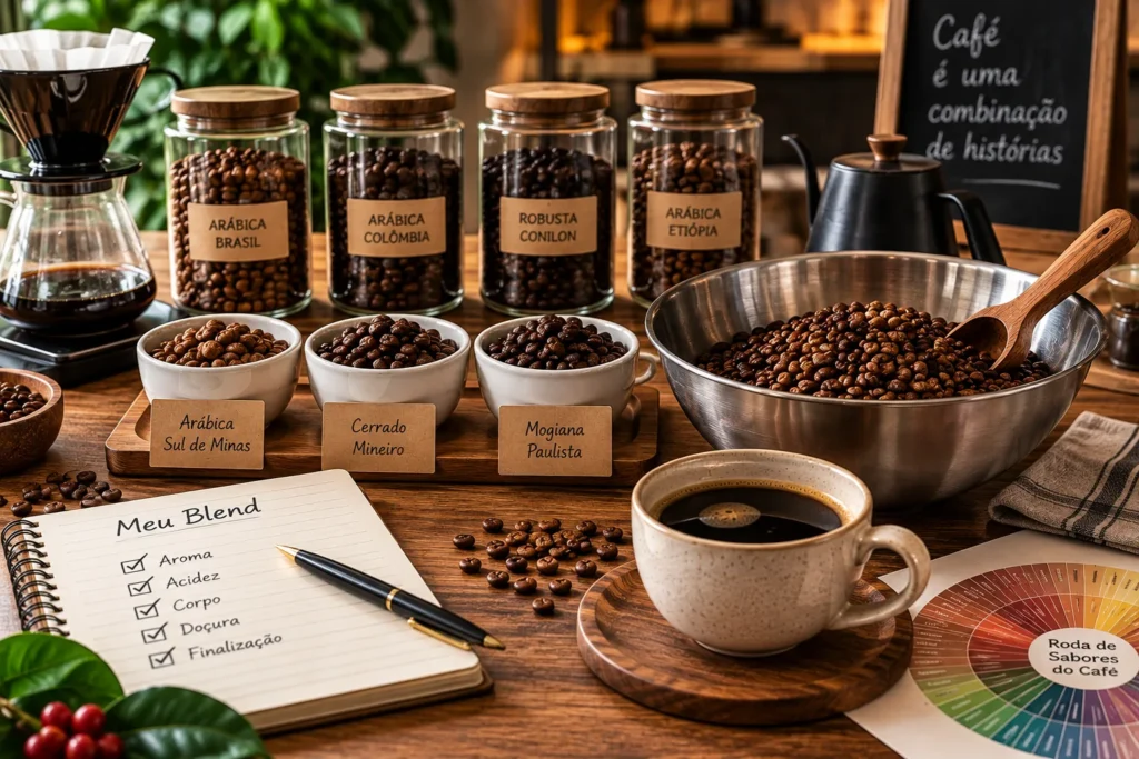 Experiência de blend de café em casa com diferentes grãos e avaliação de sabores