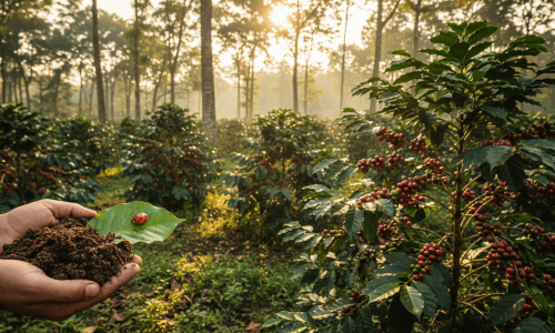 Cultivo de café orgânico com solo saudável e cafeeiros
