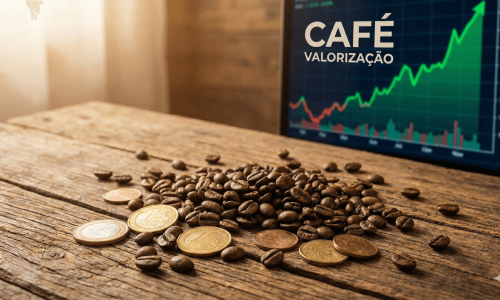 Valorização do café representada por grãos, moedas e gráfico de preços